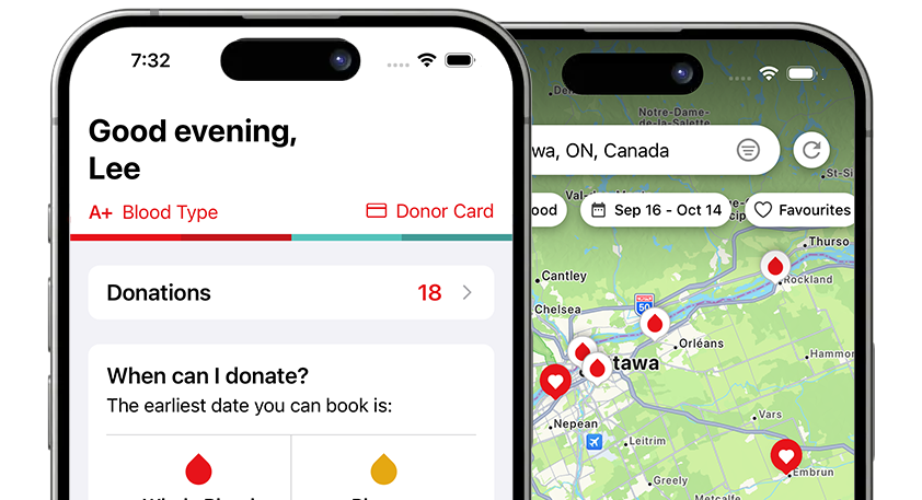 Two mobile phones displaying screens of the GiveBlood app, one showing the home screen of the app to book an appointment, and another that shows a map to find the location of a donor centre.