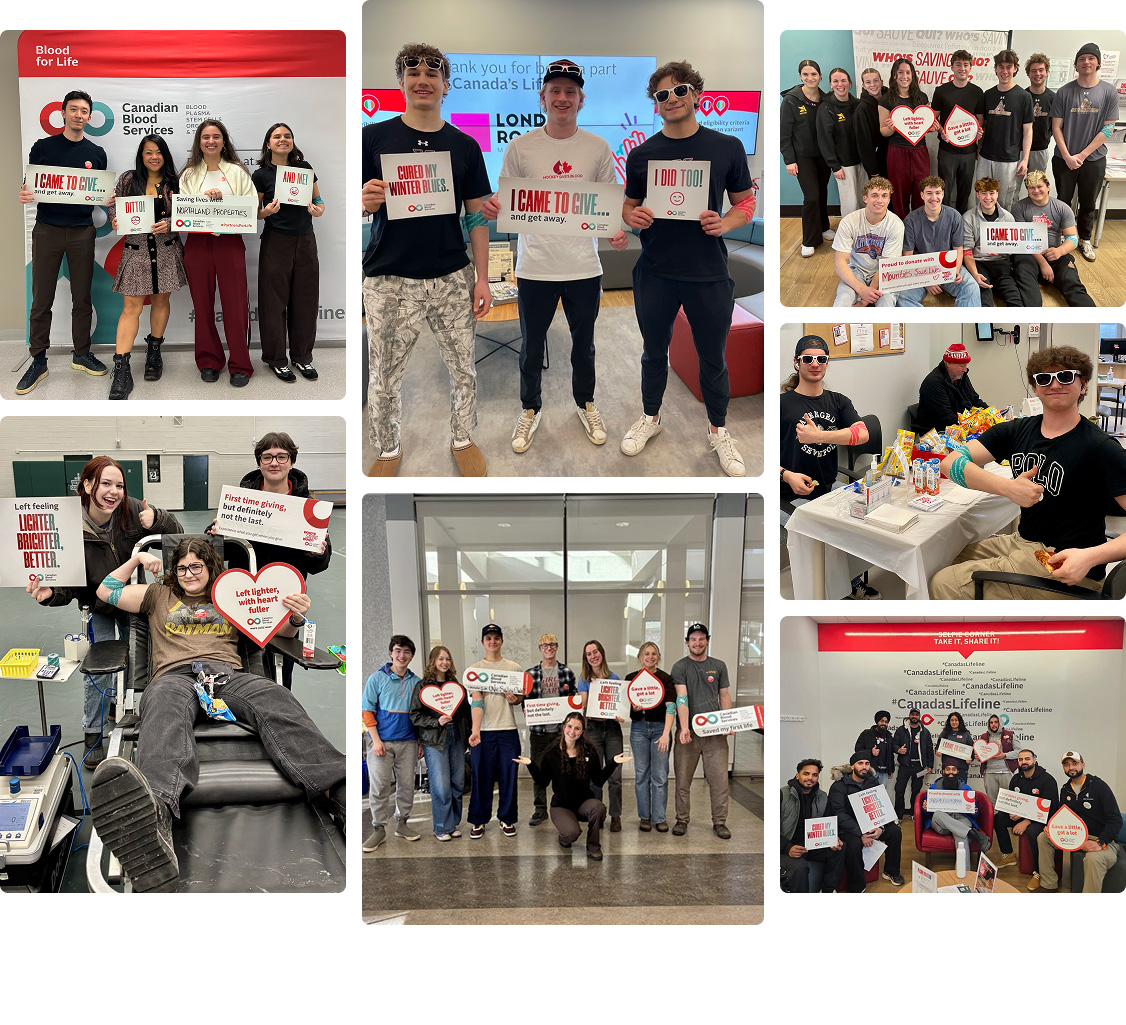 A fun collage of seven pictures of friends celebrating together in donor centres, holding up branded signs after or during their donation, showing off post-donation arm bandages, or having snacks together.