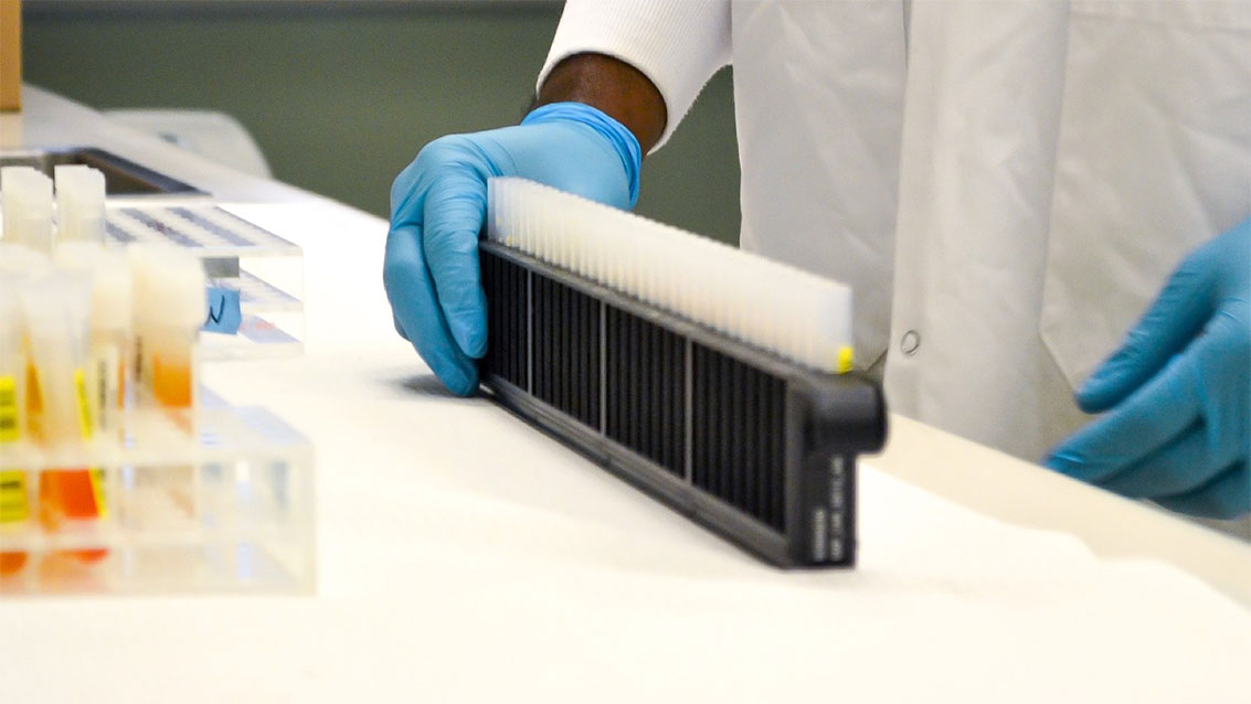 Laboratory professional in white lab coat and blue gloves handling test tubes