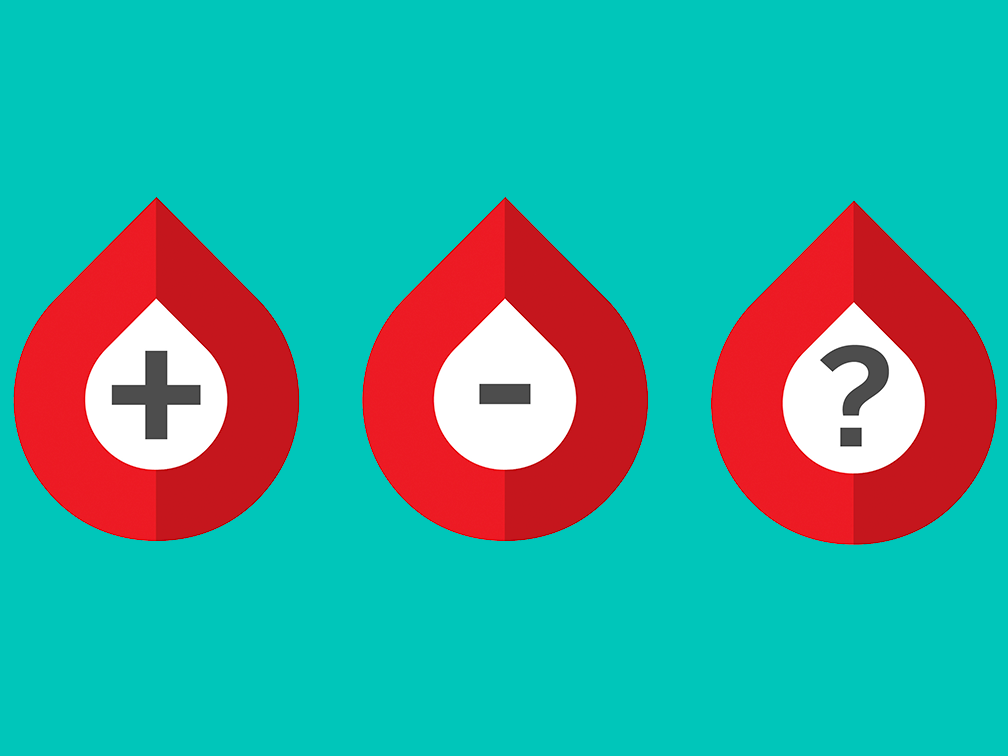 a positive, negative, and question mark symbol on blood drops