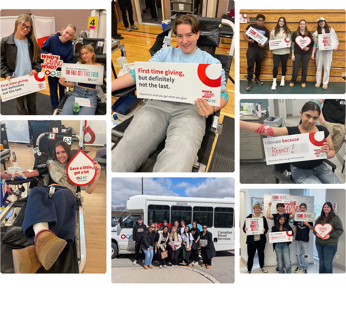 Un collage ludique de 7 photos de jeunes donneurs et donneuses dans des centres de don. Certains tiennent des pancartes aux couleurs de la Société canadienne du sang pendant et après leurs dons, d’autres montrent leur bras portant un bandage post-don et d’autres encore se trouvent devant un bus de la Société canadienne du sang.