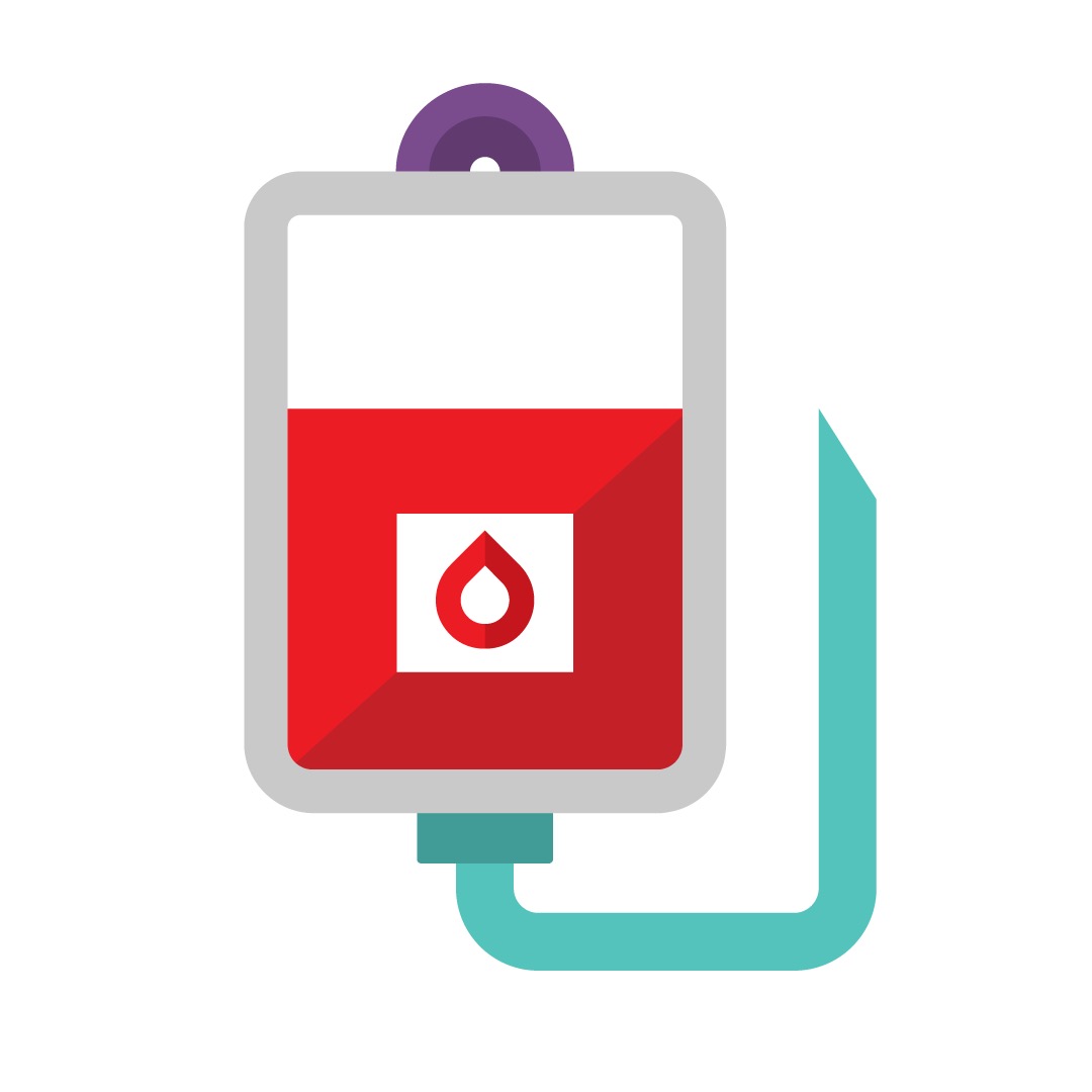 Line drawing of a blood donation bag showing a red blood drop icon