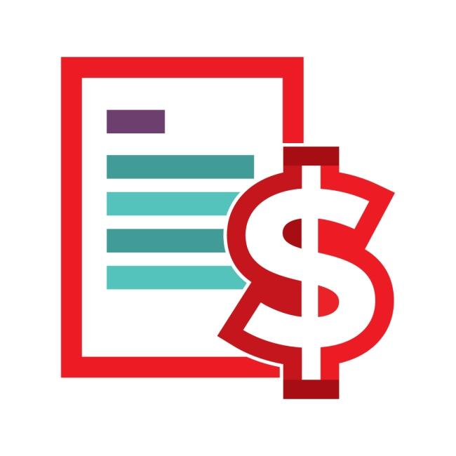 Graphic icon of a document with a dollar sign at the bottom right hand corner of the document icon