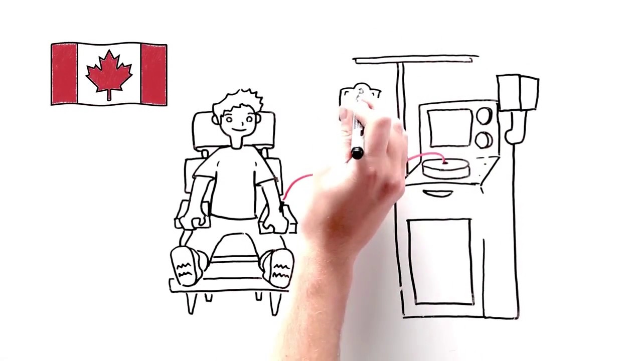 YouTube video thumbnail of a hand drawing a Canadian flag and a donor giving blood on a whiteboard